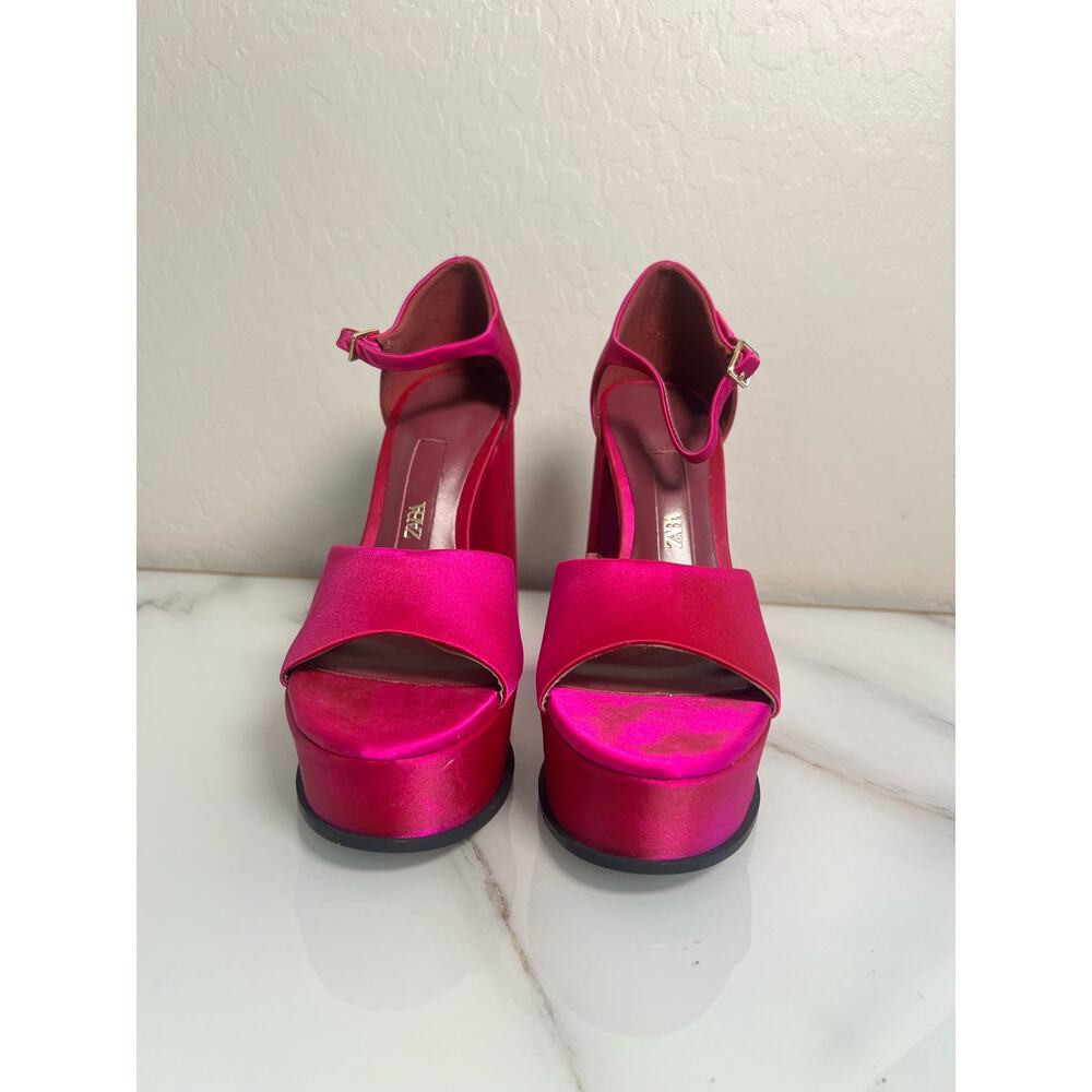 Zara Hot Pink Satin Chunky Platform Heels Size 6